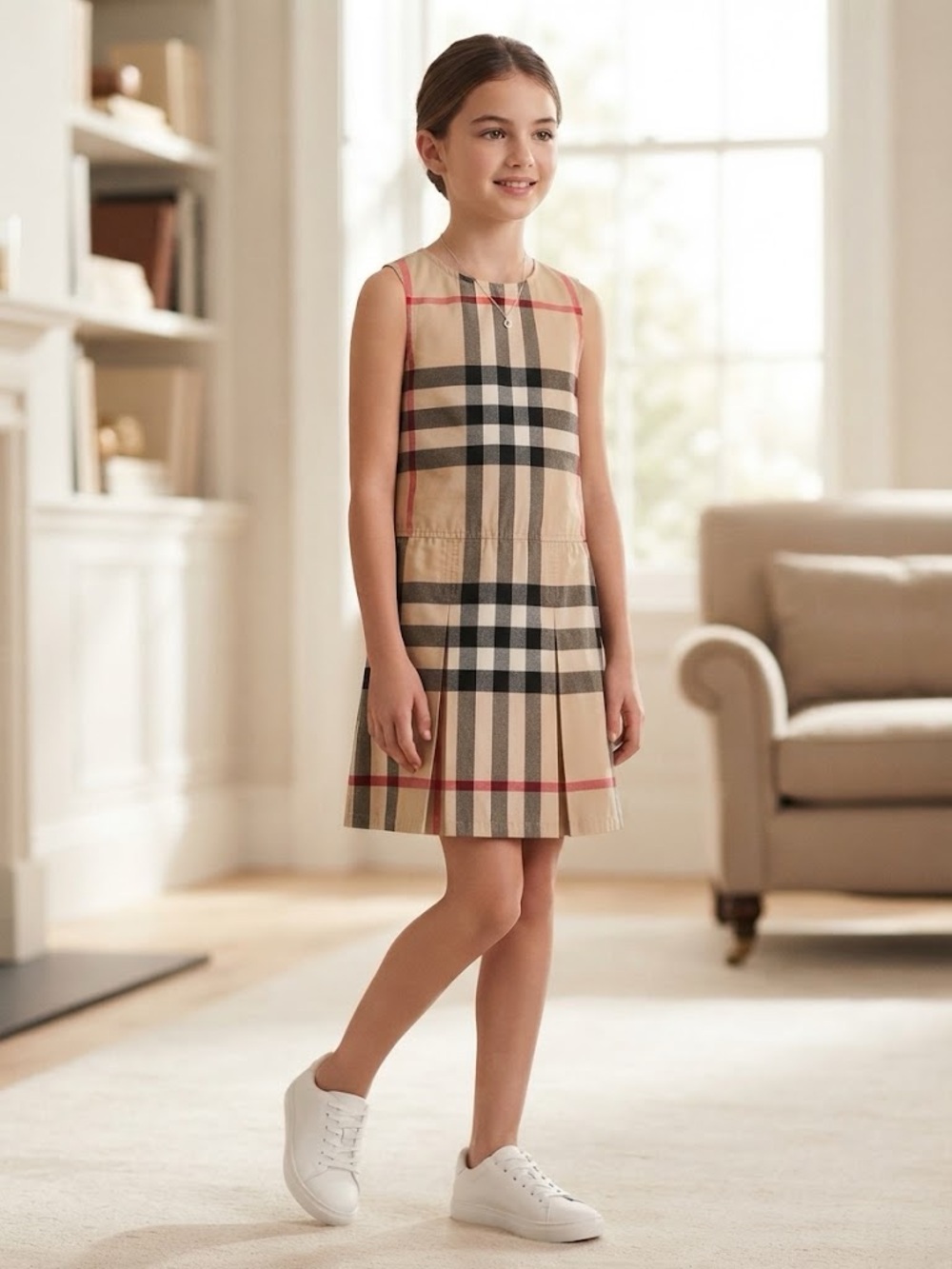 Burberry Girls Nova Beige and Black Signature Check Sleeveless Dress